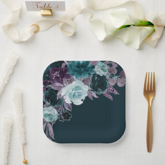 Moody Boho | Deep Aquamarin und Eggplant Lila Bouq Pappteller (Hochzeit)