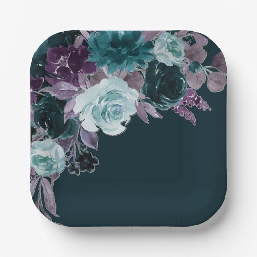 Moody Boho | Deep Aquamarin und Eggplant Lila Bouq Pappteller (Vorderseite)