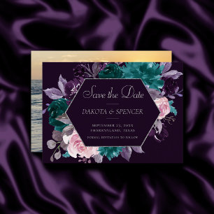 Moody Boho Dunkle Aubergine Lila und Aquamarines Save The Date