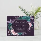 Moody Boho | Dunkle Aubergine Lila und Aquamarines Save The Date (Stehend Vorderseite)