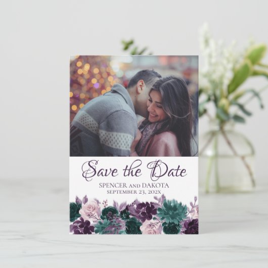 Moody Boho | Eggpflanze Lila Aquamarin Garland 2 F Save The Date (Stehend Vorderseite)
