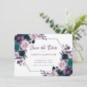 Moody Boho | Eggplant Lila Silber-Rahmen-Bouquets Save The Date (Stehend Vorderseite)