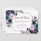 Moody Boho | Eggplant Lila Silber-Rahmen-Bouquets Save The Date (Vorderseite)