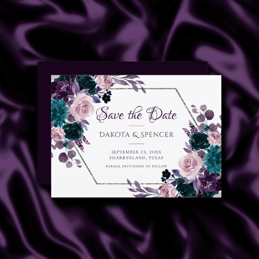 Moody Boho | Eggplant Lila Silber-Rahmen-Bouquets Save The Date