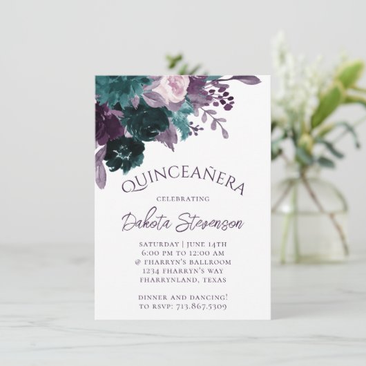 Moody Boho | Eggplant Lila und Aquamarin Quinceane Einladung (Stehend Vorderseite)