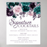 Moody Boho | Lila Aquamarine Signaturgetränke für  Poster<br><div class="desc">Moderne, düstere und moody blumenfarbene Gartendusche, Geburtstag oder Empfang "Open Bar" Tafelschild mit Juwelentöne lila, Pflaume, Lila und dunkel aquamarine, handbemalte Kopfrandrand, verziert mit botanischem Lorbeer und lila Akzenten. Aus der Kollektion "Boho Bloom" besteht dieses Layout aus reichen Bohemischen Wildblumen mit strahlenden Blüten und Eukalyptusblättern. Für andere Farben oder passende...</div>