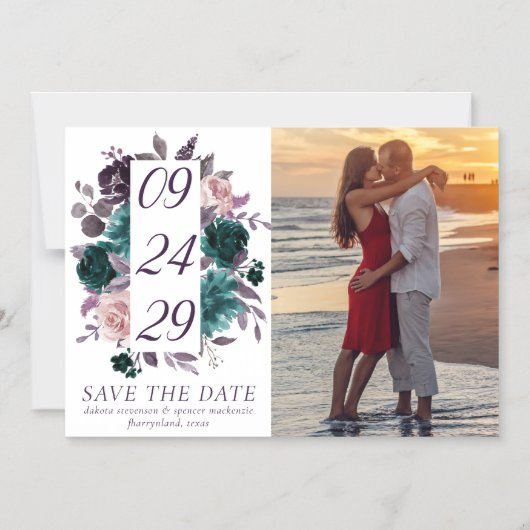 Moody Boho | Save the Date Eggpflanze und Aquamari Magneteinladung (Vorderseite)