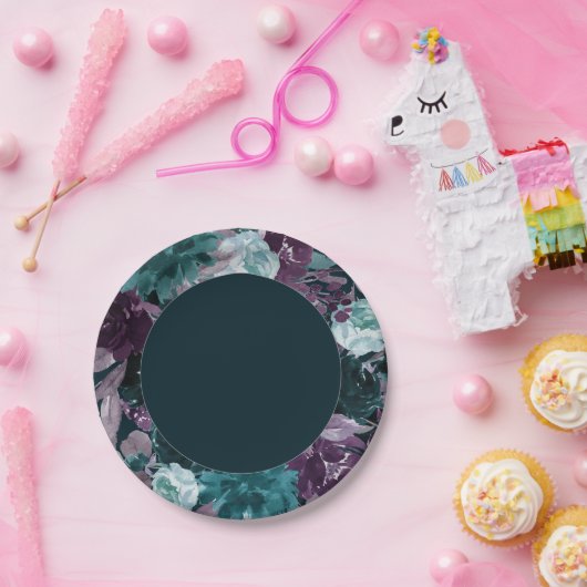 Moody Boho | Tiefer Aquamariner und Lila Blumenstr Pappteller (Party)