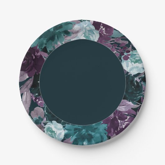 Moody Boho | Tiefer Aquamariner und Lila Blumenstr Pappteller (Vorderseite)