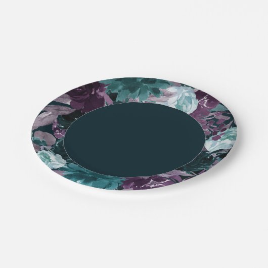 Moody Boho | Tiefer Aquamariner und Lila Blumenstr Pappteller (Schrägansicht)