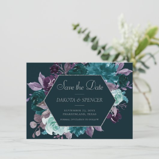 Moody Boho | Tiefes Aquamarines und Lila Garland-F Save The Date (Stehend Vorderseite)