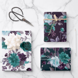 Moody Boho Türkis Dunkles Florales Muster Geschenkpapier Set