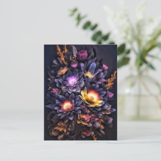 Moody-Bouquet schwarz-gelb violette Blumen Postkarte (Stehend Vorderseite)