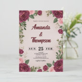 Moody Burgundy and Blush Floral Wedding Einladung (Stehend Vorderseite)