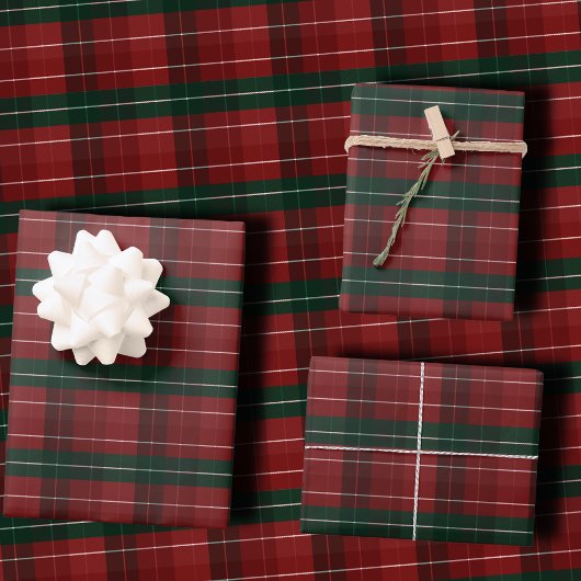 Moody Burgundy and Hunter Green Stripe Plaid Xmas Geschenkpapier Set