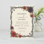 Moody Burgundy & Black Botanical Gothic Wedding Einladung (Stehend Vorderseite)