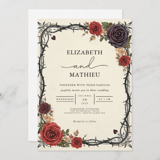Moody Burgundy & Black Botanical Gothic Wedding Einladung (Vorne/Hinten)