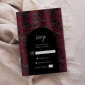 Moody Burgundy Black Damask Arch Wedding RSVP Karte