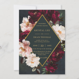 Moody Burgundy Blush Bloral Peonies Green Wedding Einladung