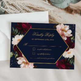 Moody Burgundy Blush Peonies Navy Floral Wedding RSVP Karte
