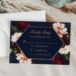 Moody Burgundy Blush Peonies Navy Floral Wedding RSVP Karte