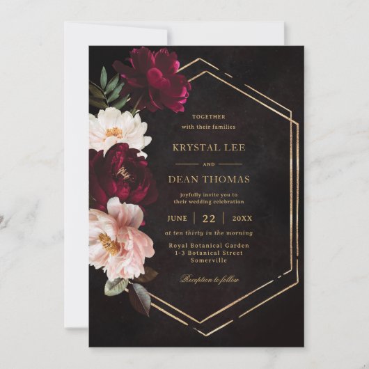 Moody Burgundy Blush Pink Bloral Peonies Wedding Einladung (Vorderseite)