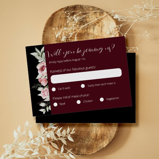 Moody Burgundy Dark Floral Wedding RSVP Karte