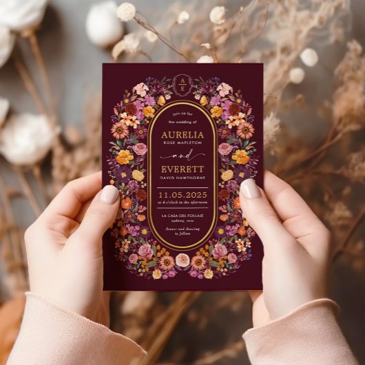 Moody Burgundy Fall Wildblume Garden Wedding Einladung