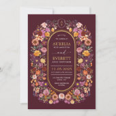 Moody Burgundy Fall Wildblume Garden Wedding Einladung (Vorderseite)
