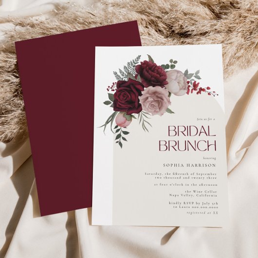 Moody Burgundy Floral Arch Bridal Brunch Einladung