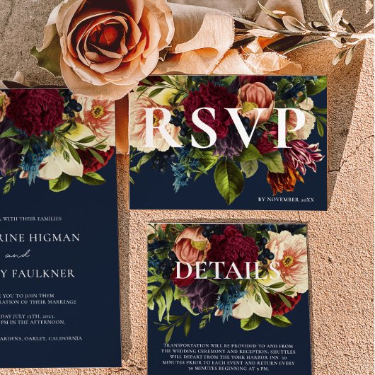 Moody Burgundy Navy Blue Winter Floral Wedding RSVP Karte