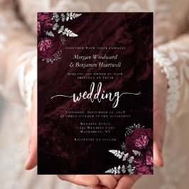 Moody Burgundy Silver Floral Wedding Folieneinladung