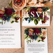 Moody Burgundy Winter Floral Wedding RSVP Karte