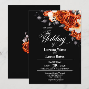 Moody Burnt Orange Rose Floral Black Wedding Einladung