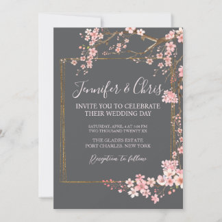 Moody Charcoal and Pink Cherry Blossom Wedding Einladung