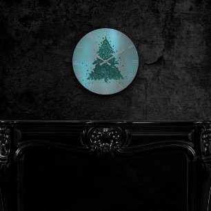 Moody Christmas Tree   Dark Midnight Aquamarin Gre Runde Wanduhr