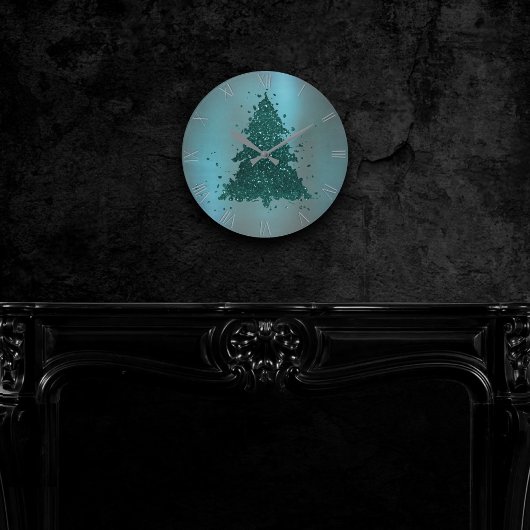 Moody Christmas Tree | Dark Midnight Aquamarin Gre Runde Wanduhr