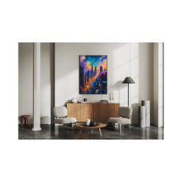 Moody Cityscape bei Dämmerung mit Neonlicht Fotodruck