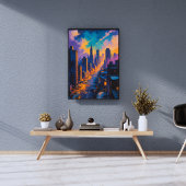 Moody Cityscape bei Dämmerung mit Neonlicht Fotodruck