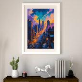 Moody Cityscape bei Dämmerung mit Neonlicht Fotodruck