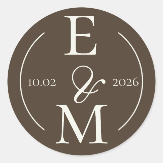 Moody Coffee Ivory Monogram Date Wedding Runder Aufkleber (Vorderseite)