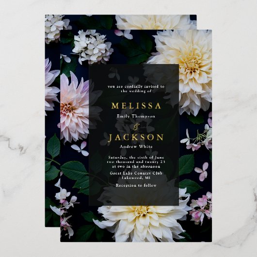 Moody Dahlia Floral Wedding Foil Einladung (Vorderseite/Rückseite)
