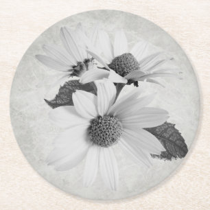 Moody Daisy Schwarz-Weiß Neutrale Alltagsblumen Runder Pappuntersetzer