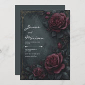 Moody Dark Charcoal Burgundy Rose Floral Wedding Einladung (Vorne/Hinten)