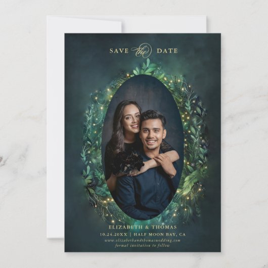 Moody Dark Elegant Bezauberndes Forest Foto Hochze Save The Date (Vorderseite)