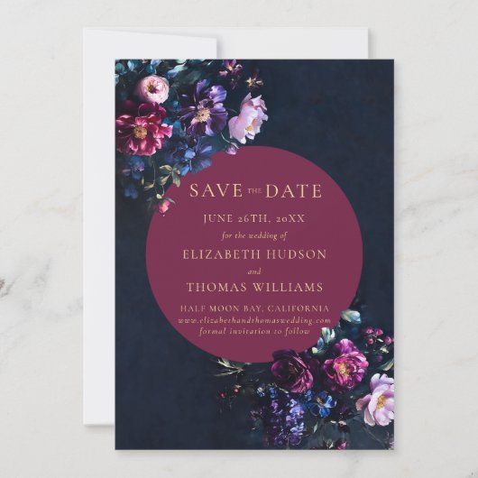 Moody Dark Elegant Floral Burgundy Foto Wedding Save The Date (Vorderseite)