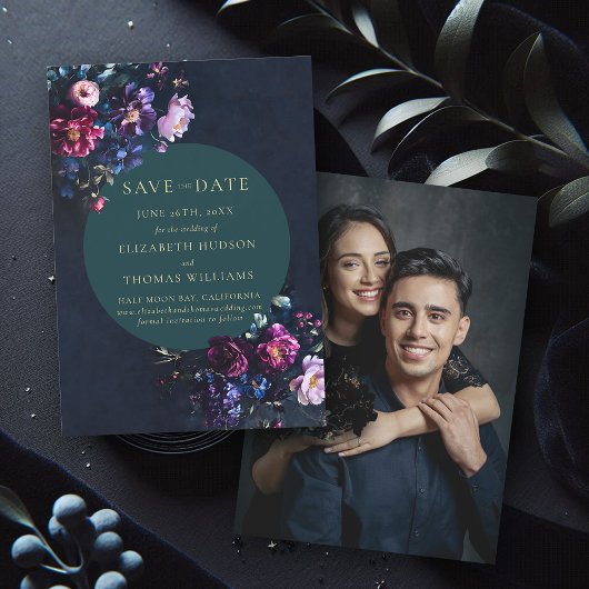 Moody Dark Elegant Floral Jewel Tone Foto Wedding Save The Date
