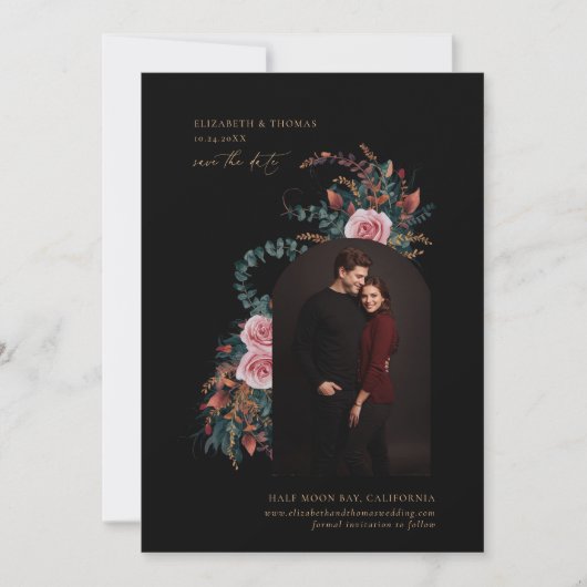 Moody Dark Elegant Foliage Fall Arch Foto Hochzeit Save The Date (Vorderseite)