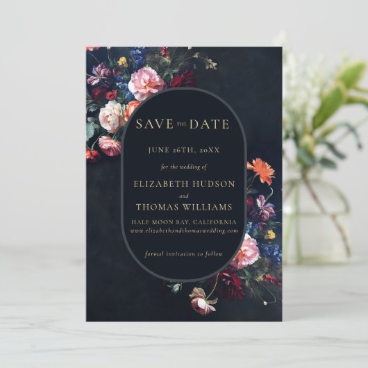Moody Dark Elegante Romantische Oval Oval Hochzeit Save The Date (Stehend Vorderseite)