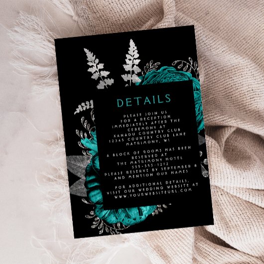 Moody Dark Floral Aquamarin Silver Wedding Details Begleitkarte